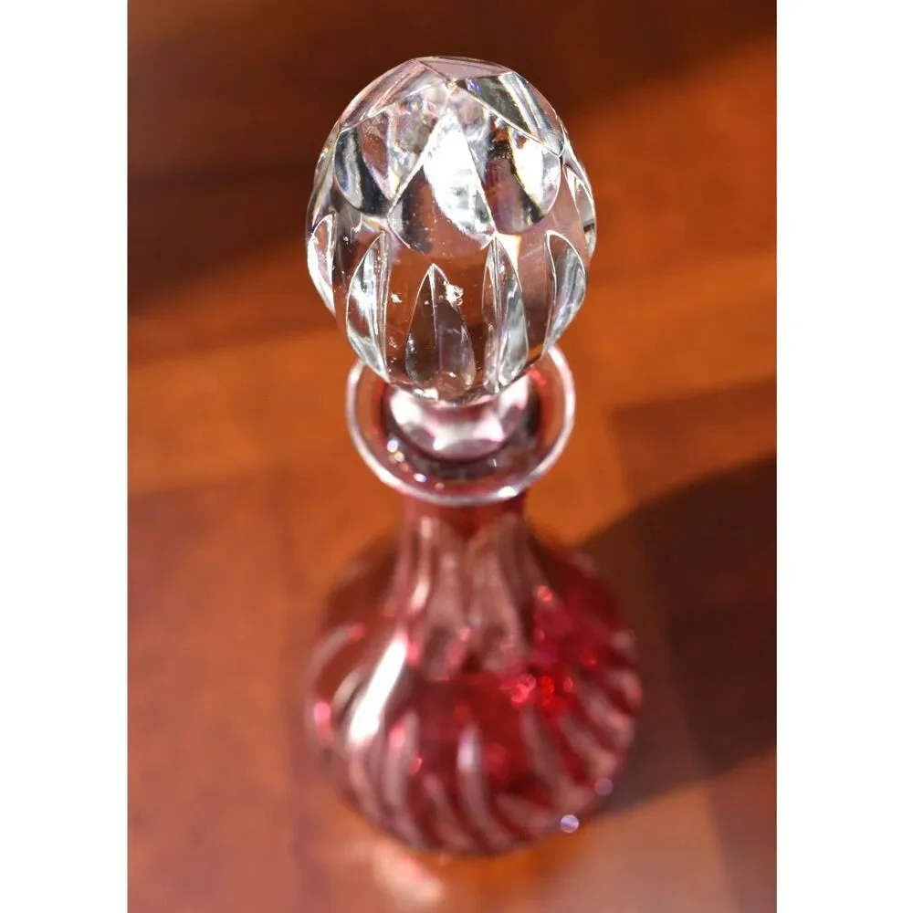 Vintage Lausitzer German Burgundy Cranberry Crystal Decanter with Topper